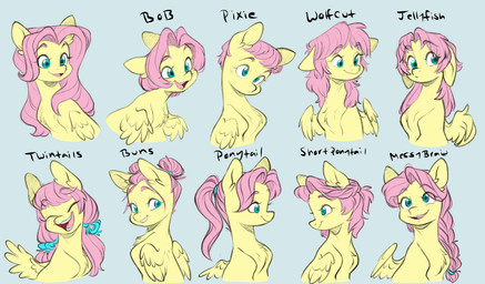 blue_eyes bob_cut braided_hair braided_ponytail feathered_wings feathers female feral hair hair_bun hairstyle_change jellyfish_cut messy_braid multiple_expressions multiple_poses pink_hair pixie_cut ponytail pose short_ponytail solo twintails_(hairstyle) wings wolfcut yellow_body doodlemark friendship_is_magic hasbro my_little_pony mythology fluttershy_(mlp) equid equine mammal mythological_creature mythological_equine pegasus absurd_res hi_res multiple_images