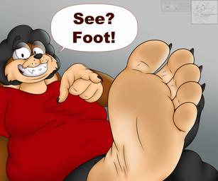 5_fingers 5_toes afro anthro barefoot black_bottomwear black_claws black_clothing black_eyes black_eyewear black_glasses black_hair black_nose black_pants bottomwear cheek_tuft claws clothing dialogue eyewear facial_tuft feet fingers foot_focus gesture glasses hair hand_gesture humanoid_feet looking_at_viewer male pants plantigrade pointing pointing_at_foot red_clothing red_shirt red_t-shirt red_topwear sharp_teeth shirt slightly_chubby smile smiling_at_viewer soles solo speech_bubble t-shirt teeth text toes topwear tuft wearing_glasses wrinkled_feet wrinkles coyocislav skonczonyidiota canid canine canis hybrid mammal wolfdog english_text hi_res