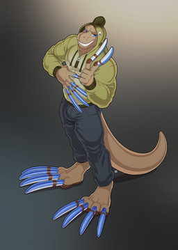 anthro blue_eyes bulge claws clothed clothing gesture hand_gesture high-angle_view hoodie long_claws male pointing simple_background smile solo standing tail tan_body teeth topwear longblueclaw reptile scalie 2017 digital_media_(artwork) full-length_portrait hi_res portrait