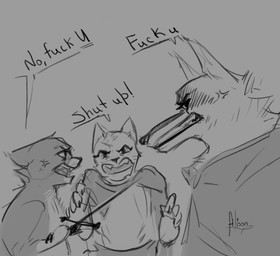 angry annoyed anthro argument belt black_nose cape cloak clothing cross-popping_vein dagger dialogue ears_back ears_down eye_contact facial_markings female fluffy grey_background group head_markings holding_object holding_weapon interspecies looking_at_another male male/male markings mask_(marking) melee_weapon pivoted_ears pointy_ears poncho prick_ears profanity pupils sharp_teeth simple_background size_difference standing talking_to_another teeth text trio weapon alisonandhope dreamworks puss_in_boots_(franchise) death_(puss_in_boots) kitty_softpaws puss_in_boots_(dreamworks) canid canine canis domestic_cat felid feline felis mammal tabby_cat wolf absurd_res english_text hi_res monochrome signature sketch