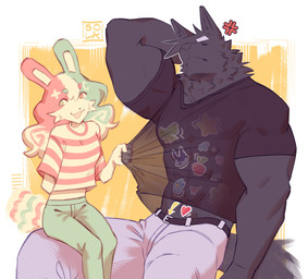 anthro biped black_body black_fur duo female flexing fur green_body green_fur male multicolored_body multicolored_fur muscular muscular_anthro muscular_male pink_body pink_fur pulling_shirt sitting_on_another slim_anthro slim_female stickers_on_body white_body white_fur soladite1 canid canine canis lagomorph leporid mammal rabbit wolf 2025 absurd_res hi_res