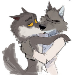 anthro arms_around_partner brown_body brown_fur casual_nudity cheek_tuft clothed clothed/nude clothing duo ears_back ears_up eyebrows eyes_closed facial_tuft fully_clothed fur fuzzy grey_body grey_fur half-closed_eyes hug hugging_another intraspecies kiss_on_lips kissing looking_at_viewer male male/male narrowed_eyes nude pivoted_ears raised_tail shirt standing tail topwear tuft underbelly yellow_eyes vistrou dreamworks intermarche_unloved the_bad_guys albert_(intermache_unloved) mr._wolf_(the_bad_guys) canid canine canis mammal wolf crossover hi_res