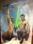 armpit_hair blue_lightsaber body_hair duo green_lightsaber holding_melee_weapon holding_object holding_sword holding_weapon hooves lightsaber looking_at_viewer male melee_weapon muscular nipples open_mouth sword weapon unknown_artist european_mythology greek_mythology listener_(band) mythology star_wars centaur equid equid_taur equine humanoid_taur mammal mammal_taur taur