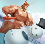 ambiguous_gender antlers areola bell big_breasts blurred_background breasts brown_areola carrot clothing collar collar_only female fence food hat headgear headwear horn male navel nipples nude outside pale_skin plant shadow sky snow snowman solo stick top_hat vegetable white_sky absolutbleu_(artist) christus_rentier animal_humanoid deer deer_humanoid humanoid mammal mammal_humanoid new_world_deer new_world_deer_humanoid reindeer_humanoid 2022 hi_res