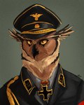 black_uniform clothing cross hat headgear headwear iron_cross male military military_cap military_uniform nazi nazi_armband nazi_uniform partieiadler solo totenkopf uniform saberhorn shin_(b-mashina) avian bird owl hi_res