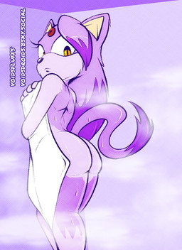 after_shower anthro butt female fur hair holding_object holding_towel looking_at_viewer nude purple_body purple_fur simple_background solo standing tail towel wet wet_body yellow_eyes voidsdroids sega sonic_the_hedgehog_(series) blaze_the_cat domestic_cat felid feline felis mammal digital_media_(artwork) hi_res
