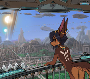 anthro back_markings balcony black_hair black_nose brown_body brown_fur building city cityscape countershading day detailed_background ear_piercing ear_ring exposure_variation female flesh_tunnel fur gauged_ear hair hoop_ear_ring looking_at_viewer looking_back markings mature_anthro mature_female nude piercing plant pyramid queen red_eyes ring_piercing royalty science_fiction skinny skinny_female skyscraper solo spacecraft standing tail text tree vehicle conditional_dnp fluff-kevlar kesis_(fluff-kevlar) canid canine canis jackal mammal 2021 digital_media_(artwork)