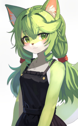 anthro black_clothing black_dress breasts closed_smile clothed clothing countershading dress female front_view fully_clothed fur green_body green_eyes green_fur green_hair hair inner_ear_fluff looking_at_viewer mouth_closed simple_background sleeveless_dress small_breasts smile solo standing tuft twintails_(hairstyle) white_background kemo_yuki domestic_cat felid feline felis mammal half-length_portrait hi_res portrait