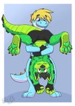 anthro balls_outline biped black_body black_fur black_hair black_inner_ear black_nose blonde_hair blue_body blue_eyes blue_tail bodily_fluids bottomwear bulge claws clothing detailed_bulge dipstick_ears duo ear_markings fur genital_outline gloves green_body green_ears green_fur green_pawpads green_scales green_tail hair handwear male male/male monotone_hair multicolored_ears nervous pawpads red_eyes scales sweat tail tight_bottomwear tight_clothing toe_claws two_tone_ears upside_down white_body white_tail gaokun species_request hi_res watermark