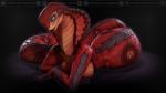 16:9 3d_(artwork) anthro apode blue_eyes breasts digital_media_(artwork) draconcopode female forked_tongue hi_res hood janner3d legless long_tongue looking_at_viewer maya_(software) naga non-mammal_breasts red_body red_scales reptile scales scalie serpentine sha'an snake solo text tongue tongue_out url widescreen