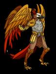 anthro armor beak biped black_sclera clothed clothing feathered_wings feathers feet male orange_eyes simple_background solo standing tail tail_feathers talons toes transparent_background wings asparagusunited runescape armadyl avian aviansie bird deity alpha_channel hi_res restricted_palette