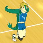 1:1 action_pose anthro anthrofied clothing forest_(fuze) fuze generation_5_pokemon gym hair hi_res male nintendo playing_sport pokemon pokemon_(species) pokemorph pose shirt snivy solo sport tank_top topwear uniform volleyball volleyball_court