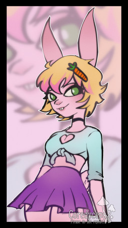 anthro blonde_hair blue_clothing blue_shirt blue_topwear bottomwear choker clothing collar female green_eyes hair highlights_(coloring) jewelry necklace pink_body pink_highlights pose purple_bottomwear purple_clothing purple_skirt shirt skirt smile smiling_at_viewer solo topwear corderyceps art_fight milky_rivas lagomorph mammal hi_res