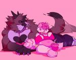 anthro clothed clothing collar cupcake duo female food fur hair male muscular obese overweight sitting smile skymachine canid canine canis domestic_dog mammal