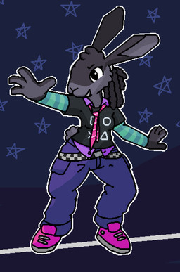 abstract_background accessory action_pose anthro belt biped black_body black_clothing black_ears black_fur black_hair black_shirt black_t-shirt black_topwear blue_bottomwear blue_clothing blue_pants blue_sleeves bottomwear breasts cargo_pants checkered_belt cheek_tuft clothed clothing collared_shirt countershade_face countershade_fur countershading digitigrade dreadlocks eyebrows eyelashes facial_tuft female footwear fully_clothed fur grey_body grey_countershading grey_inner_ear grey_markings grey_palms grey_tail hair hair_accessory hair_tie head_tuft long_ears looking_forward loose_tie markings necktie open_mouth open_smile outline palm_markings pants pink_clothing pink_footwear pink_shoes pink_sneakers playstation_button_symbol ponytail pose print_clothing print_shirt print_t-shirt print_topwear purple_clothing purple_shirt purple_topwear raised_arms scut_tail shirt shoes short_tail small_breasts smile sneakers solo standing star striped_sleeves t-shirt tail three-quarter_view tied_hair topwear tuft white_hair_tie white_outline y2k_(fashion) pixel_vibri playstation sony_corporation sony_interactive_entertainment vib-ribbon vibri lagomorph leporid mammal rabbit 2026 aliasing digital_media_(artwork) hi_res shaded