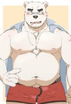 anthro belly black_nose blush bulge clothing eyewear glasses humanoid_hands kemono male nipples overweight overweight_male scar simple_background solo underwear hagom bear mammal polar_bear ursine 2022 hi_res