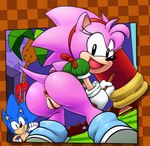 2023 absurd_res amy_rose anthro anus bottomless butt classic_amy_rose classic_sonic classic_sonic_(universe) clothed clothing collaboration duo eulipotyphlan exclamation_point female genitals hair hammer hedgehog hi_res holding_hammer holding_object holding_tool looking_at_viewer looking_back looking_back_at_viewer male mammal multicolored_body ninoeros open_mouth open_smile pink_body pink_hair pussy question_mark sega smile smiling_at_viewer sonic_the_hedgehog sonic_the_hedgehog_(series) sr tan_body tools two_tone_body