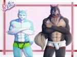 abs anthro athletic biceps big_muscles black_body black_fur black_nose blue_body blue_fur blush boxer_briefs broad_shoulders brown_body brown_fur bulge candy claws clothed clothing collar condom crossed_arms dessert duo food fur green_clothing green_underwear lollipop male male/male muscular muscular_male pecs pose purple_eyes sexual_barrier_device standing tan_body tan_fur topless underwear white_body white_clothing white_fur white_underwear ig1119 canid canine canis mammal wolf 4:3