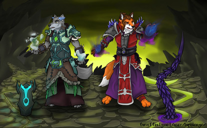 anthro armor clothed clothing dark detailed_background duo hair horn magic male tentacles totem lupelongo blizzard_entertainment warcraft canid canine canis fox mammal wolf 2018 digital_media_(artwork)
