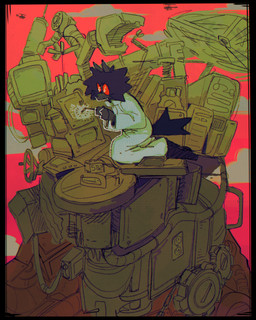 aircraft ambiguous_anthro ambiguous_gender anthro black_border blowtorch border cable chain clock clothed clothed_ambiguous clothed_anthro clothing cloud coat digital_clock electronics eyewear gear glasses hair helicopter kneeling lab_coat machine metal outlet red_eyewear red_glasses round_glasses scientist solo spring tail topwear vehicle white_clothing white_coat white_topwear titanogoro canid mammal 2025 4:5 absurd_res digital_media_(artwork) english_description hi_res huge_filesize