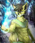 5_fingers anthro black_nose blue_eyes blurred_background brown_hair detailed_background energy fingers fur hair male nude smile solo standing yellow_body yellow_fur angiewolf siber_(thegoldenjackal) canid canine canis jackal mammal 2018 digital_media_(artwork)