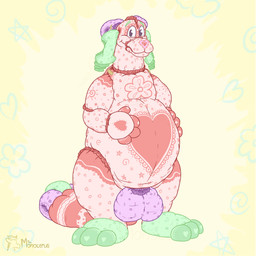 abdl animal_genitalia anthro balls belly big_belly big_tail clean_diaper constellation diaper diaper_tape feet flower_symbol genitals green_diaper green_ears green_feet hand_on_belly heart_symbol leaf_symbol looking_at_viewer male markings moon_symbol pink_body pink_diaper pink_paws purple_balls purple_diaper purple_sheath sheath simple_background solo star_symbol tail yellow_background monocerus pad_(monocerus) animate_inanimate diaper_creature 1:1 absurd_res hi_res