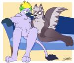 anthro beak blue_eyes duo eye_contact furniture looking_at_another male nude red_eyes simple_background sitting sofa tail shadypixel mythology tealmarket avian gryphon hybrid mammal mephitid mythological_avian mythological_creature procyonid raccoon skunk hi_res