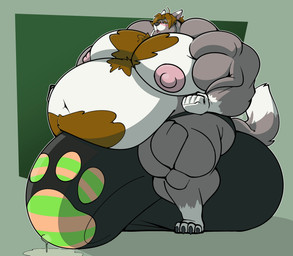 anthro belly big_belly big_bulge big_muscles big_nipples big_pecs blush bodily_fluids body_hair bulge clothing fur genital_fluids genitals green_background grey_body grey_fur huge_bulge hyper hyper_bulge hyper_genitalia leaking_precum male musclegut muscular muscular_anthro muscular_arms muscular_male nipples pecs precum simple_background sitting_on_balls solo speedo swimwear randomheck randomrusso dreadthefox canid canine fox mammal 2025 hi_res