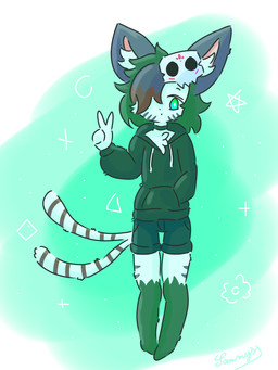 2_tails adolescent anthro black_clothing black_hoodie black_nose black_topwear blue_bottomwear blue_clothing blue_shorts bottomwear brown_hair brown_markings choker clothed clothing female flat_chested fully_clothed fur gesture green_background green_body green_eyes green_fur green_hair hair hand_gesture hoodie inner_ear_fluff jewelry markings mask multi_tail multicolored_body multicolored_fur multicolored_hair necklace pink_inner_ear purple_ears purple_hair purple_markings shorts simple_background solo standing striped_markings striped_tail stripes tail tail_markings topwear tuft v_sign white_background white_body white_fur white_inner_ear_fluff white_tail young young_anthro young_female conditional_dnp xammyxx demi_(xammyxx) domestic_cat felid feline felis mammal 2025 3:4 absurd_res digital_media_(artwork) hi_res ibispaint_(artwork) signature watermark