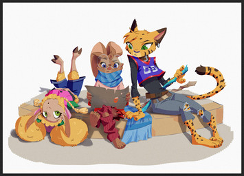 3_toes anthro arnis barefoot belt blue_eyes bottomwear brown_body brown_fur clothing collar crossed_legs denim denim_bottomwear denim_clothing ear_piercing ear_ring eyebrows eyewear facial_markings feet female floppy_ears freckled_face freckles fur glasses green_eyes group head_markings head_tuft holding_object holding_weapon hooves horizontal_pupils jeans jersey leg_warmers legs_up legwear light_body light_skin long_ears long_sleeve_shirt long_tail looking_at_object lying markings on_back open_mouth oversized_clothing pants paper piercing pointy_ears pupils raised_eyebrow red_nose ring_piercing scarf shirt shorts simple_background sitting skirt slit_pupils striped_markings stripes tail text text_on_clothing toes topwear torn_bottomwear torn_clothing torn_jeans torn_pants trio tuft twintails_(hairstyle) weapon wearing_glasses yellow_body yellow_eyes yellow_fur ruffu pepper_in_the_sandbox merina_(ruffu) paddy_(ruffu) pepper_(ruffu) bovid caprine domestic_sheep felid feline lagomorph leporid mammal merino_sheep rabbit serval sheep digital_drawing_(artwork) digital_media_(artwork)