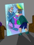 abstract_background ambiguous_gender anthro blue_body box clothing container detailed_background duo footwear inflatable inflatable_transformation mirror nozzle portal shoes transformation whiteknightdragonite nintendo pokemon ash-greninja hexatoy animate_inanimate generation_6_pokemon greninja humanoid living_inflatable pokemon_(species) 3:4 hi_res