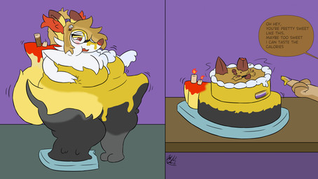 anthro cake_transformation food food_transformation inanimate_transformation offscreen_character simple_background speech_bubble transformation transformation_sequence weight_gain wojtekgoosly nintendo pokemon braixen generation_6_pokemon pokemon_(species) hi_res