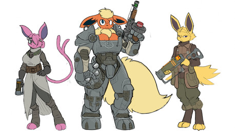 3_toes 4_fingers 5_fingers anthro armor breasts brotherhood_of_steel_(fallout) clothed clothing feet female fingers fur group gun hair hair_over_eye laser_rifle machine machine_gun male orange_body orange_fur paws power_armor purple_body purple_fur ranged_weapon simple_background toes trio weapon white_background yellow_body yellow_fur bruhman33 fallout microsoft nintendo pokemon eeveelution espeon flareon generation_1_pokemon generation_2_pokemon jolteon pokemon_(species) 2025 hi_res