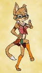 3_toes 4_fingers anthro blue_eyes bottomwear clothed clothing dancing eyewear feet female fingers glasses necktie sand_fur skirt solo star toes ziegelzeig bad_guy_cafe sarha_solar domestic_cat felid feline felis mammal hi_res