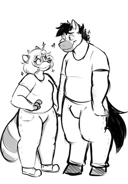 4_fingers anthro arm_hair bangs bent_arm black_eyebrows black_eyes black_hair black_hooves black_nose black_tail body_hair bottomwear breasts closed_smile clothed clothed_anthro clothed_female clothed_male clothing duo eye_contact eyebrow_through_hair eyebrows eyelashes female female_anthro fingers fist footwear fully_clothed fully_clothed_anthro fully_clothed_female fully_clothed_male fur grey_markings grey_tail hair hand_holding heart_symbol hooves larger_anthro larger_male looking_at_another male male/female male_anthro markings medium_hair mouth_closed overweight overweight_female overweight_male pants pockets shirt shoes simple_background size_difference small_breasts smaller_anthro smaller_female smile smiling_at_another smiling_at_each_other sparkles striped_markings striped_tail stripes t-shirt tail tail_markings thick_thighs topwear translucent translucent_hair two_tone_tail unguligrade white_background white_body white_bottomwear white_clothing white_footwear white_fur white_hair white_pants white_shirt white_shoes white_stripes white_t-shirt white_topwear ractoons colty_(colty8) raquel_(ractoons) equid equine horse mammal procyonid raccoon 2023 digital_drawing_(artwork) digital_media_(artwork) english_description greyscale hi_res monochrome shaded sketch