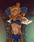 anthro arms_above_head bell blonde_hair brown_body brown_fur cave claws clothing ear_piercing ear_ring female fur green_eyes hair midriff navel piercing pupils ring_piercing sleeves slit_pupils solo topwear tube_top wings sacrificabominat legend_of_mana mana_(series) square_enix daena domestic_cat felid feline felis mammal absurd_res hi_res