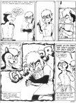anthro black_and_white breasts claws clothed clothing comic dialogue duo english_text female food hair james_m_hardiman male mammal meat mephitid monochrome natasha_(jmh) sausage simple_background skunk text topless traditional_media_(artwork)
