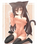 adolescent black_hair blush brown_eyes brown_hair clothed clothing femboy hair legwear long_hair looking_at_viewer male pink_clothing pink_sweater pink_topwear pupils shoulderless_sweater simple_background slit_pupils solo sweater tail thigh_highs topwear young rateratte sword_art_online kazuto_kirigaya kirito_(sao-ggo) animal_humanoid cat_humanoid felid felid_humanoid feline feline_humanoid humanoid mammal mammal_humanoid digital_media_(artwork)