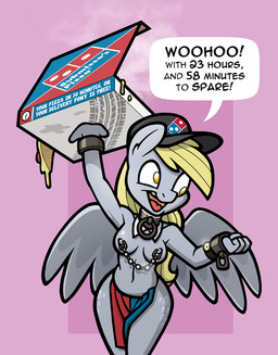anthro bdsm bottomwear box breasts clothed clothing collar collar_ring container cuff_(restraint) dialogue female loincloth nipple_chain nipple_piercing nipples piercing pizza_box restraints shackles slave solo text topless wings toonbat friendship_is_magic hasbro my_little_pony mythology derpy_hooves_(mlp) equid equine mammal mythological_creature mythological_equine pegasus english_text hi_res