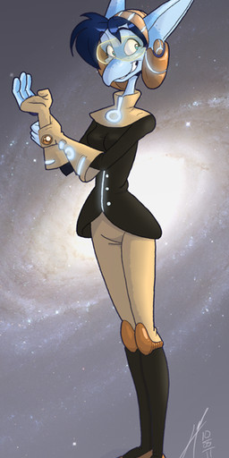 armor blue_body blue_eyes blue_hair blue_skin boots breeches clothing coat eyewear female fingerless_gloves footwear gem glasses gloves grin hair handwear headgear helmet long_sleeve_shirt looking_aside pointy_ears shoes short_hair smile solo topwear psicoyote vesta_(psicoyote) alien full-length_portrait portrait