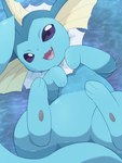 ambiguous_gender blue_body featureless_crotch feral fin lying on_back open_mouth open_smile purple_eyes quadruped smile solo yellow_body rumine nintendo pokemon eeveelution generation_1_pokemon pokemon_(species) vaporeon hi_res