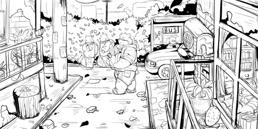 anthro backpack biped bottomwear car clothing detailed_background eyewear footwear glasses group hoodie kemono male outside pants plant sandals shoes shorts slightly_chubby topwear trash_can vehicle walking cai_yuwang bear mammal 2022 monochrome