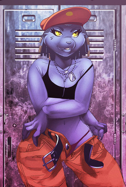 anthro breasts cleavage clothed clothing dreadlocks female hair hat headgear headwear jewelry locker_room midriff navel necklace panties smile solo standing underwear undressing unzipped zipper doedog felid mammal pantherine