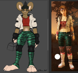 3_toes 4_fingers anthro big_ears black_clothing black_gloves black_hair black_handwear black_headwear black_stripes boots bottomwear brown_body brown_fur closed_frown clothed clothed_anthro clothed_female clothed_human clothed_male clothing cosplay crop_top duo ear_piercing ear_ring empty_eyes feet female female_human fingers footwear front_view frown fully_clothed fully_clothed_anthro fully_clothed_female fully_clothed_human fully_clothed_male fur gloves green_bottomwear green_clothing green_pants grey_background hair half-closed_eyes handwear headgear headwear holding_toolbox jacket knee_pads light male midriff mouth_closed narrowed_eyes open_clothing open_jacket open_topwear pants pattern_bottomwear pattern_clothing pattern_pants piercing red_clothing red_crop_top red_shirt red_topwear ring_piercing screencap shirt shoes short_hair simple_background standing striped_bottomwear striped_clothing striped_pants stripes tan_feet tan_inner_ear tan_nose text toes toolbox topwear white_boots white_clothing white_footwear white_jacket white_topwear wide_hipped_anthro wide_hipped_male requin789 dead_by_daylight vido_(requin789) yui_kimura human mammal murid murine rat rodent 2022 artist_name colored digital_drawing_(artwork) digital_media_(artwork) english_description full-length_portrait lighting portrait reference_image