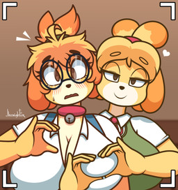 anthro big_breasts breasts clothed clothing duo eyebrows eyelashes eyewear female female/female front_view glasses hair hand_on_breast looking_at_viewer mouth_closed pupils smile topwear yellow_body jhenightfox animal_crossing nintendo derpybelle isabelle_(animal_crossing) canid canine canis domestic_dog mammal shih_tzu toy_dog hi_res