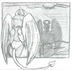 ambiguous_gender duo feathered_wings feathers guardian horn membrane_(anatomy) membranous_wings protecting protective rear_view shadow sleeping spade_tail stalking tail wings wings_folded rendakobold angel demon humanoid graphite_(artwork) monochrome traditional_media_(artwork)