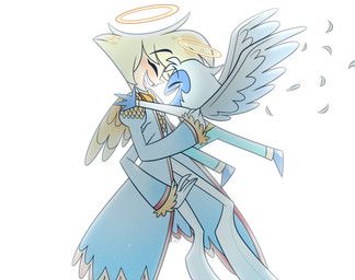 4_arms anthro back_wings blue_body blue_skin blush clothing digitigrade duo eyes_closed feathered_wings feathers freckled_face freckles hair halo jacket larger_anthro loose_feather male male/male multi_arm multi_limb simple_background size_difference smile standing topwear white_hair wings silverart hazbin_hotel hellaverse helluva_boss angel_dust moxxie_(helluva_boss) angel angel_humanoid arachnid arthropod humanoid spider colored hi_res