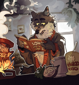 4_fingers anthro anthrofied appliance blurred_background book cheek_tuft chest_tuft claws clothed clothed_anthro clothed_male clothing cookbook cooking cooking_pot eyebrows eyewear facial_tuft fingers fire fluffy fluffy_ears food fur fuzzy glasses grey_body grey_fur half-closed_eyes holding_object home inside light looking_down male male_anthro multicolored_body multicolored_fur narrowed_eyes neck_tuft onion open_book open_mouth picture_frame plant reading reading_book smoke solo standing stove sunlight sweater teeth topwear tuft underbelly vegetable wearing_glasses window randitawu intermarche_unloved albert_(intermache_unloved) the_first_wolf_(unloved) canid canine canis mammal wolf 2025 hi_res