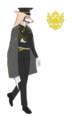 anthro black_bottomwear black_clothing black_pants black_topwear blonde_hair bone_frill bottomwear clothing coat_of_arms electronics female fingers footwear frill_(anatomy) green_eyes grey_clothing grey_robe hair hat headgear headphones headset headwear humanoid_hands lapel_pin long_hair military_uniform neutral_expression orange_body pants robe shoes simple_background solo standing topwear uniform white_background white_body dumacukr(d5214) goodbye_volcano_high highfleet_(game) ko_op_(game_developer) naomi_(gvh) dinosaur hadrosaurid ornithischian ornithopod parasaurolophus prehistoric_species reptile scalie colored full-length_portrait hi_res portrait