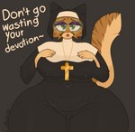 anthro belly big_breasts breasts clothed clothing countershade_tail countershading eyewear female huge_hips huge_thighs nun nun_outfit open_mouth overweight overweight_female simple_background solo tail text thick_thighs wide_hips catboyz mika_(catboyz) domestic_cat felid feline felis mammal siberian_cat digital_media_(artwork) english_text hi_res